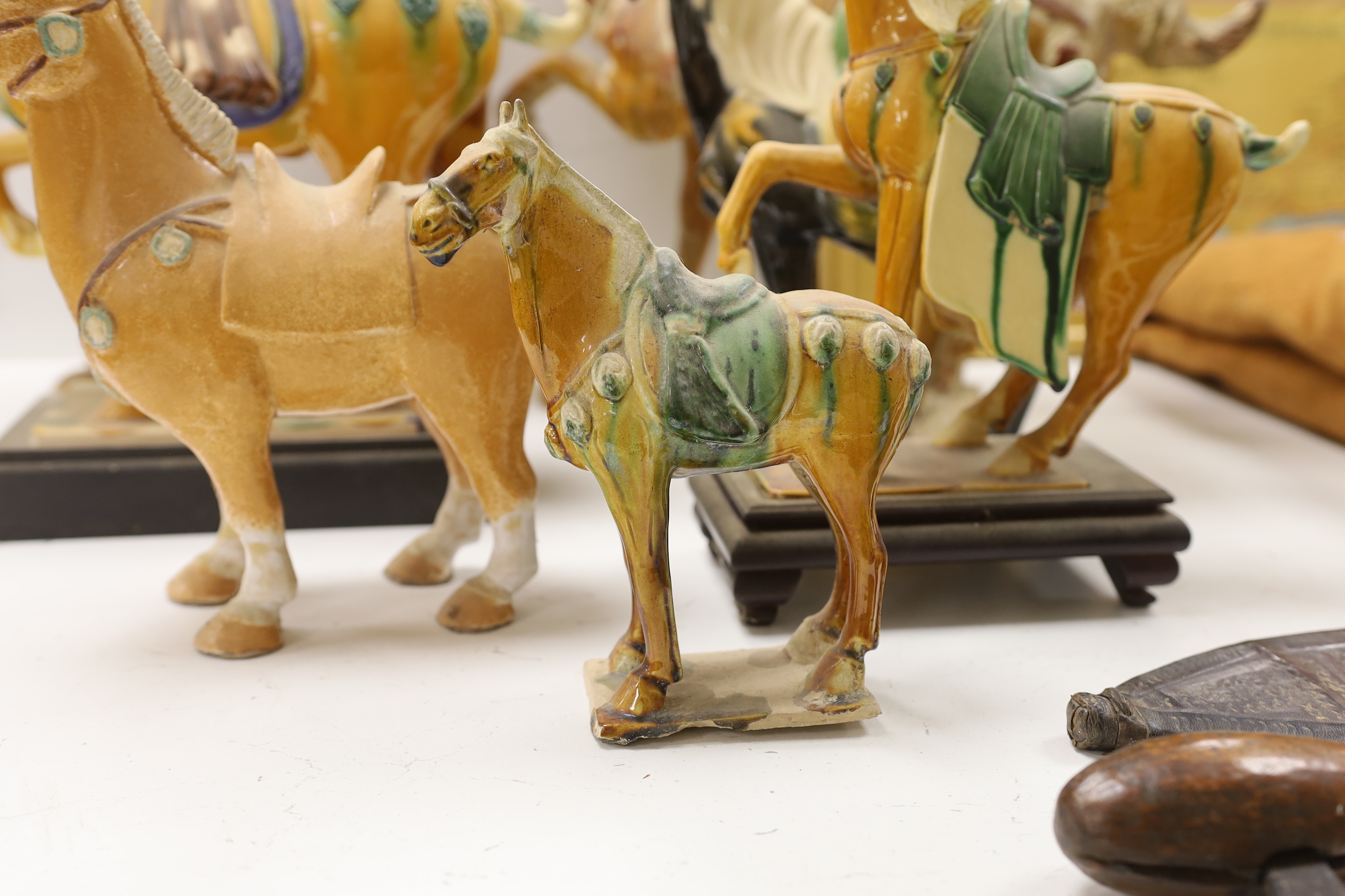 A group of Tang style Chinese Sancai glazed horse and cannon figures (later reproductions) tallest 44cm